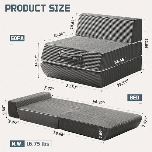 Folding Chair Bed, 16lbs Convertible Sleeper Chair Sofa Bed, Dark Grey