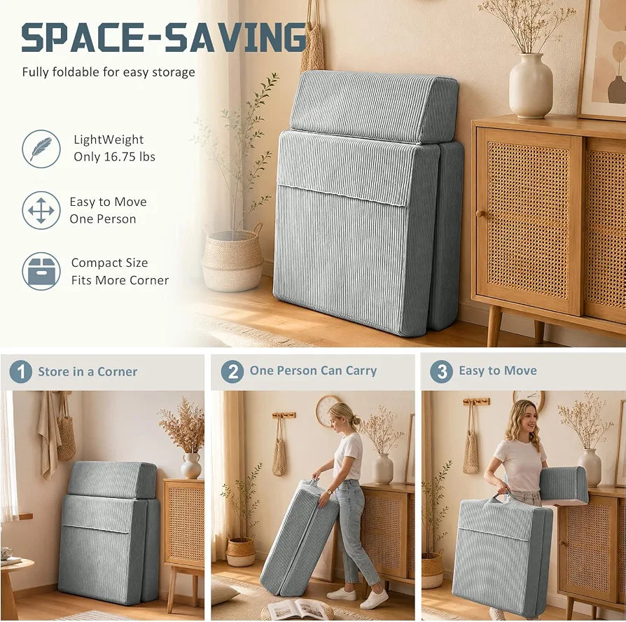 Folding Chair Bed, 16lbs Convertible Sleeper Chair Sofa Bed, Light Grey