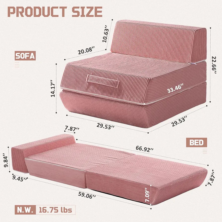 Trenda Folding Chair Bed, 16lbs Convertible Sleeper Chair Sofa Bed, Pink