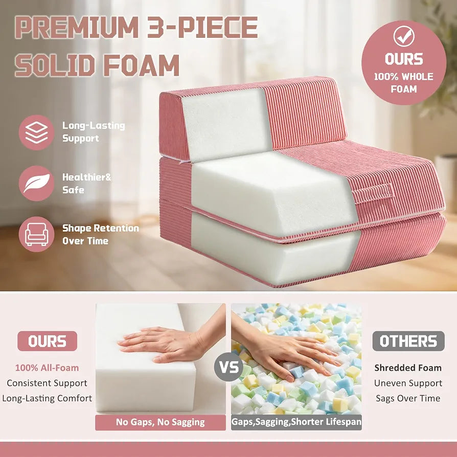 Trenda Folding Chair Bed, 16lbs Convertible Sleeper Chair Sofa Bed, Pink