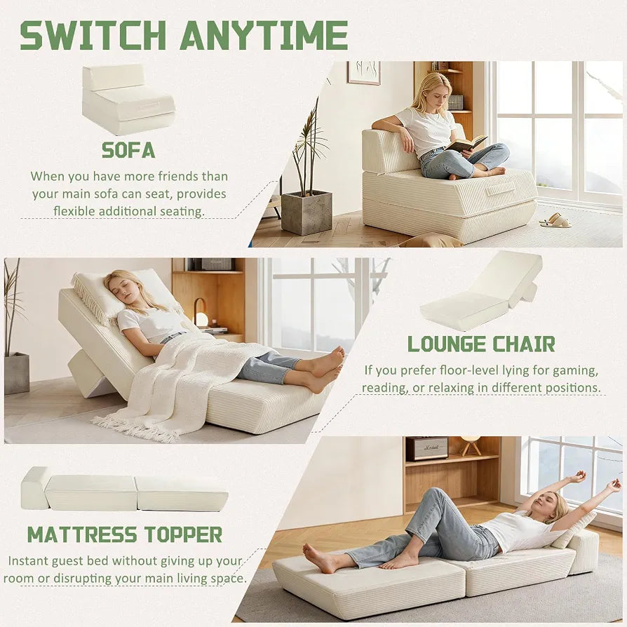 Trenda Folding Chair Bed, 16lbs Convertible Sleeper Chair Sofa Bed, Beige