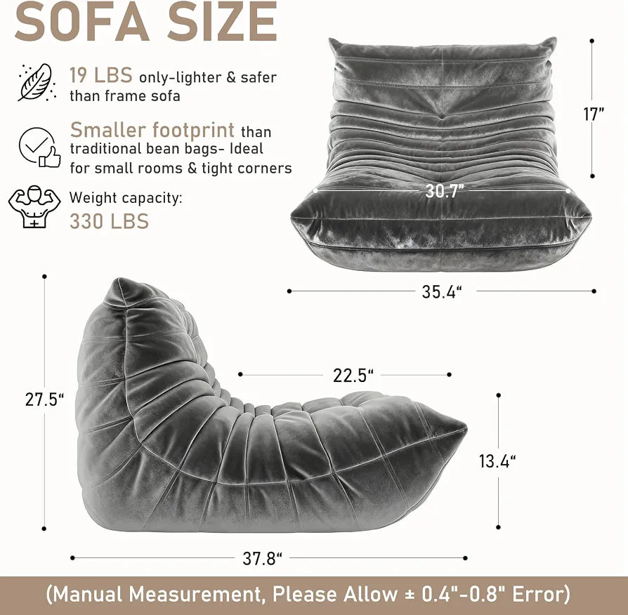 Trenda Bean Bag Chair for Adults, High-Density Foam, Dutch Velvet,Grey