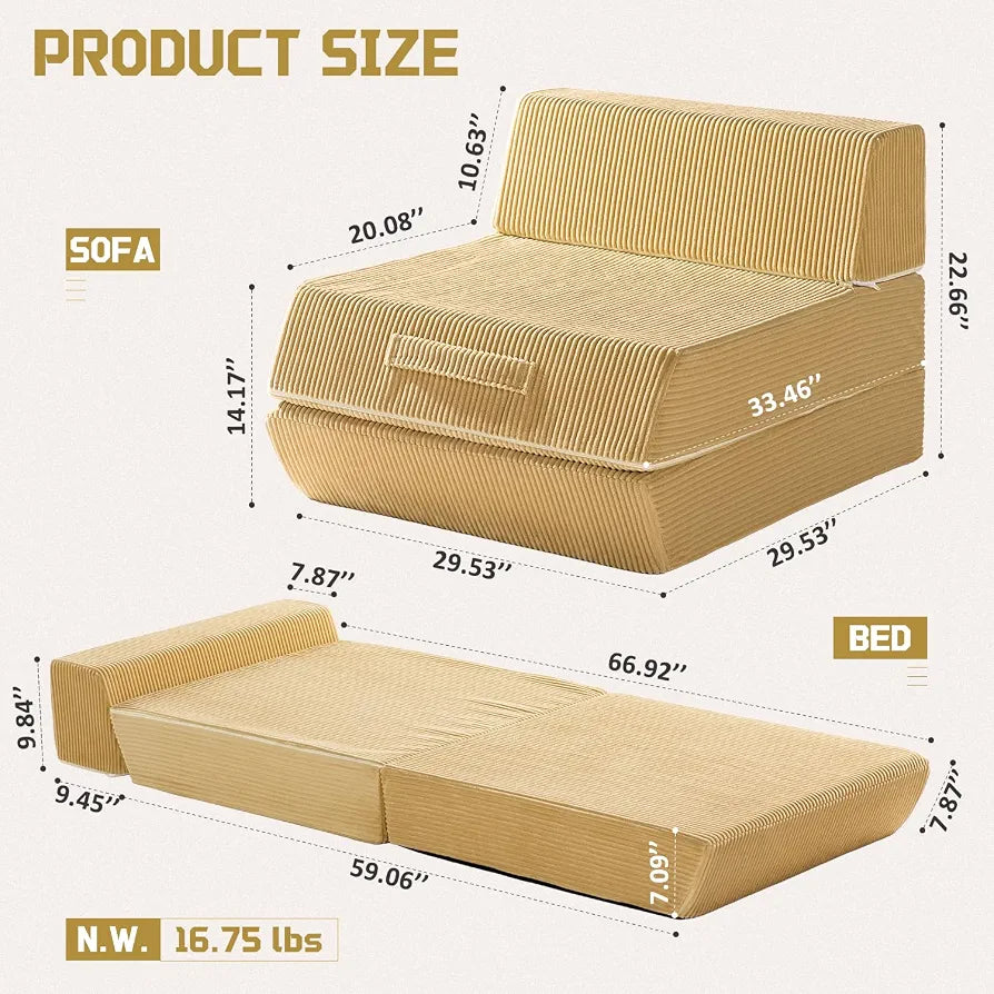 Trenda Folding Chair Bed, 16lbs Convertible Sleeper Chair Sofa Bed, Camel