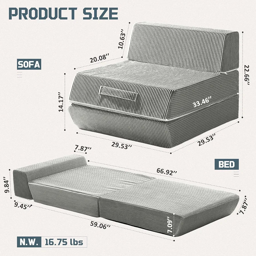 Folding Chair Bed, 16lbs Convertible Sleeper Chair Sofa Bed, Light Grey