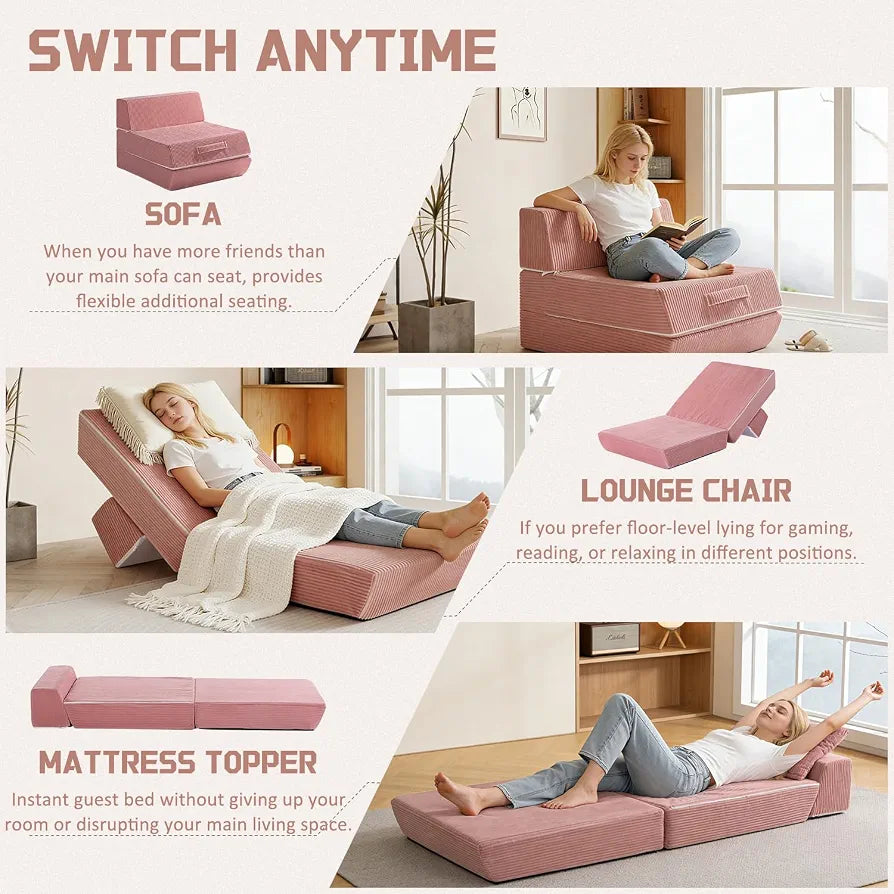 Trenda Folding Chair Bed, 16lbs Convertible Sleeper Chair Sofa Bed, Pink
