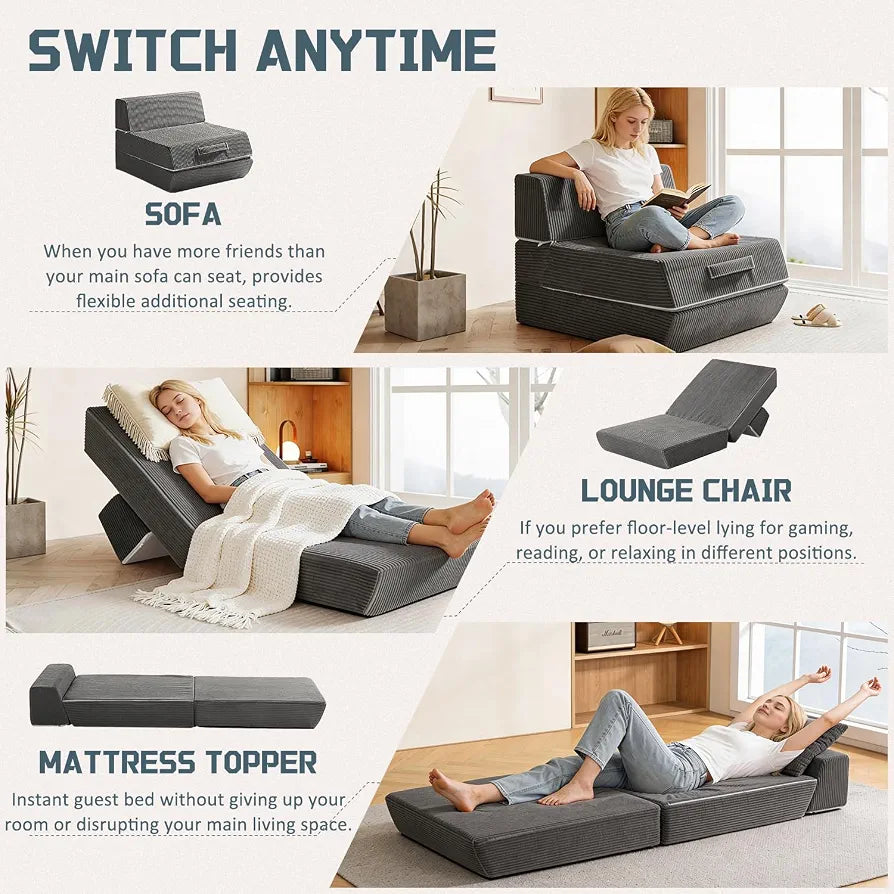 Folding Chair Bed, 16lbs Convertible Sleeper Chair Sofa Bed, Dark Grey