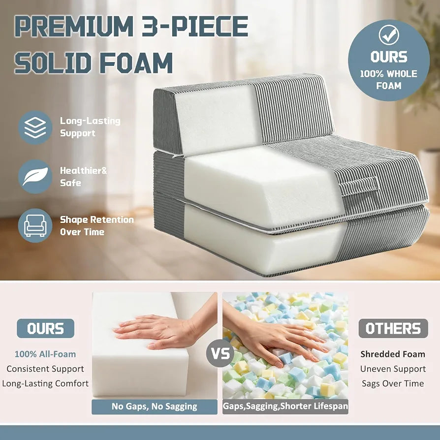 Folding Chair Bed, 16lbs Convertible Sleeper Chair Sofa Bed, Light Grey