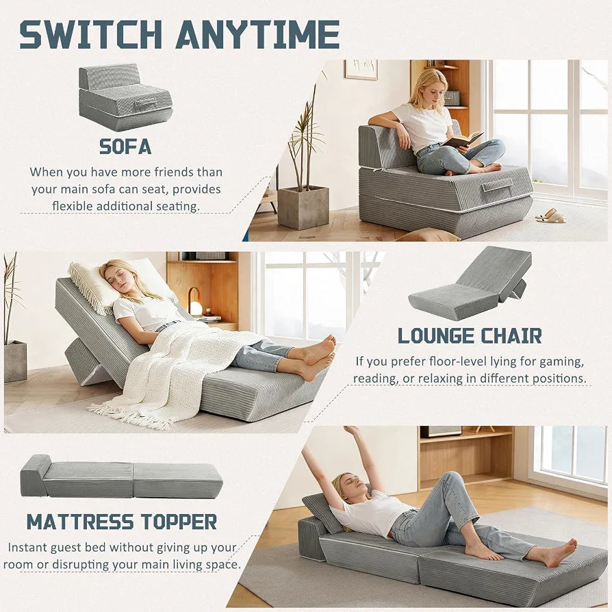 Folding Chair Bed, 16lbs Convertible Sleeper Chair Sofa Bed, Light Grey