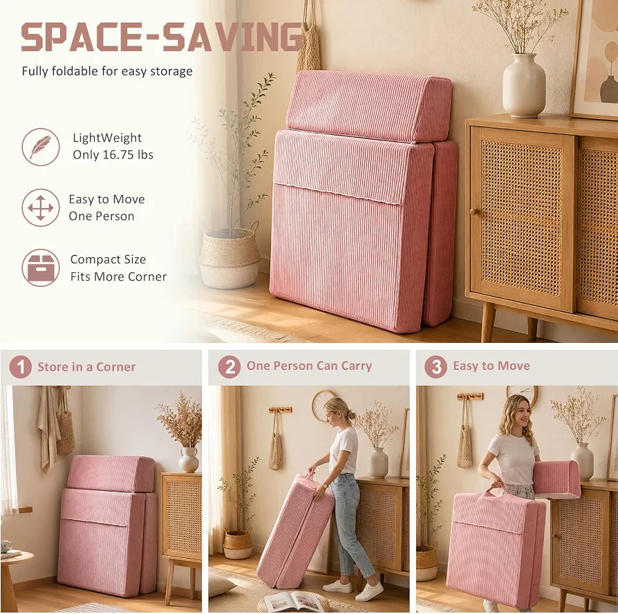 Trenda Folding Chair Bed, 16lbs Convertible Sleeper Chair Sofa Bed, Pink