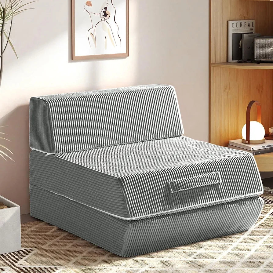 Folding Chair Bed, 16lbs Convertible Sleeper Chair Sofa Bed, Light Grey