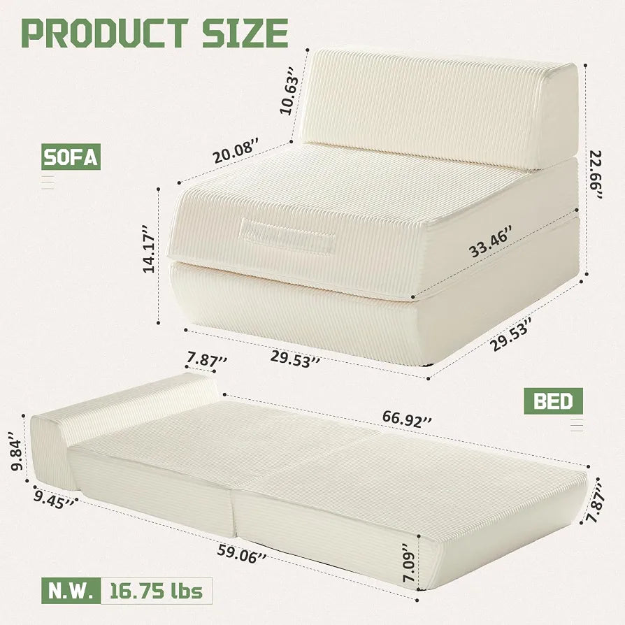 Trenda Folding Chair Bed, 16lbs Convertible Sleeper Chair Sofa Bed, Beige