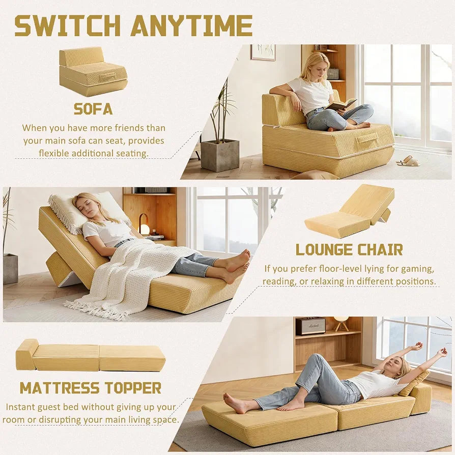 Trenda Folding Chair Bed, 16lbs Convertible Sleeper Chair Sofa Bed, Camel